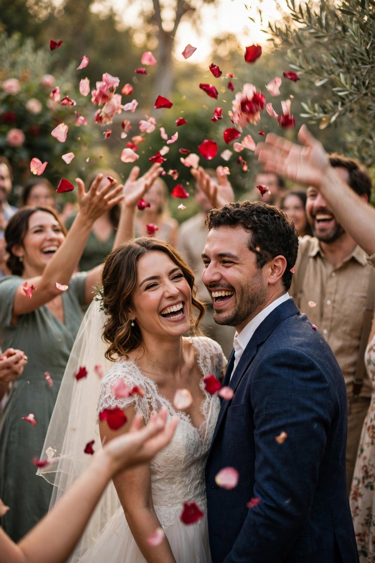 Guests showering a laughing couple with red and pink rose petals