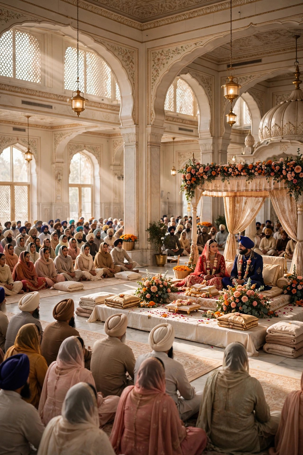 Wide view of an Anand Karaj ceremony inside a bright gurdwara with congregation seated on the floor