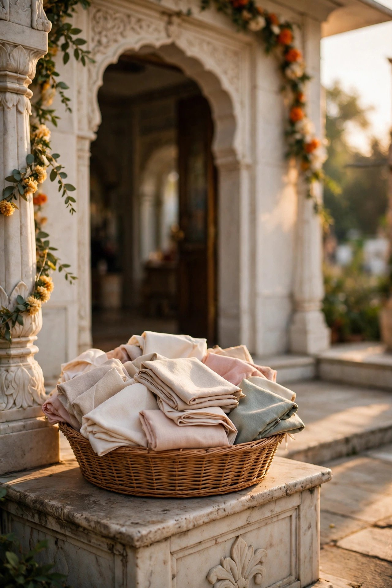 Basket of clean headscarves offered to guests at a gurdwara entrance