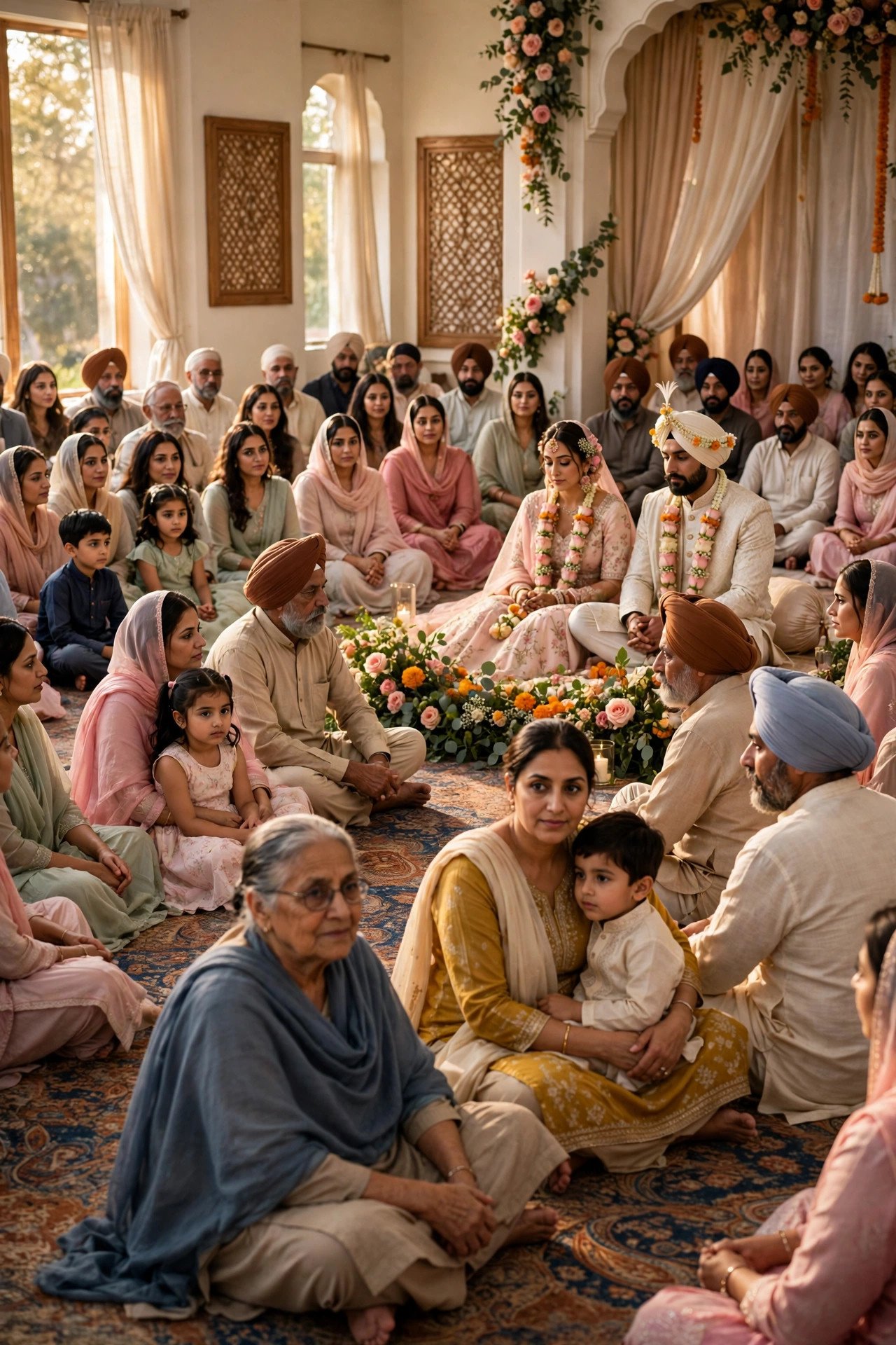 Congregation of all ages seated together on a carpeted gurdwara floor during a ceremony