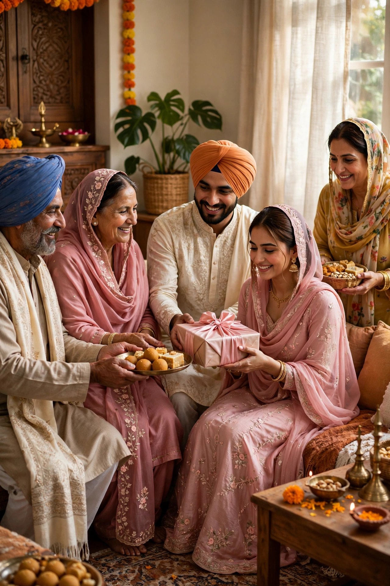 Families exchanging sweets and gifts during a Sikh engagement ceremony at home