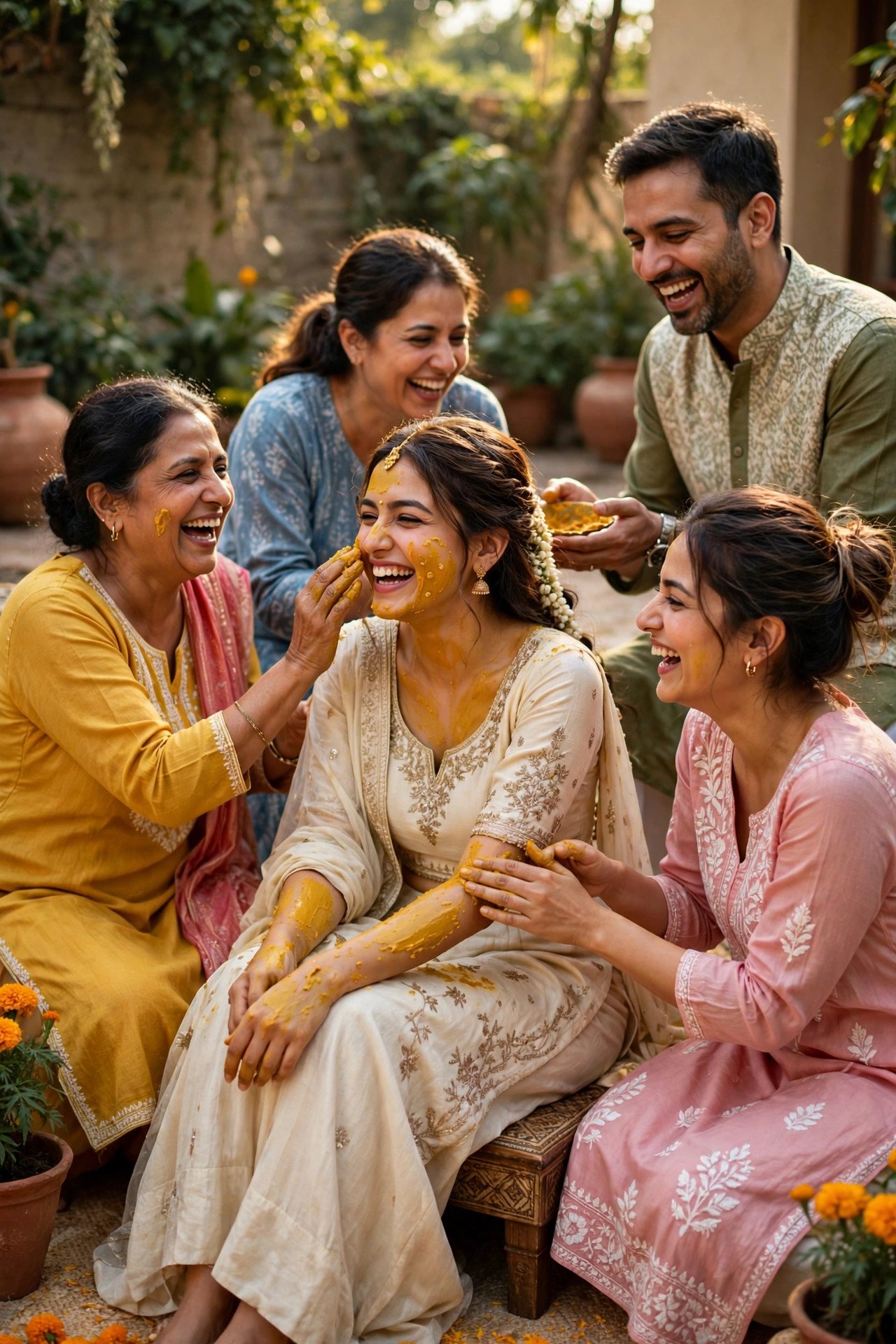 Family members laughing while applying yellow turmeric paste to a seated bride's face and arms
