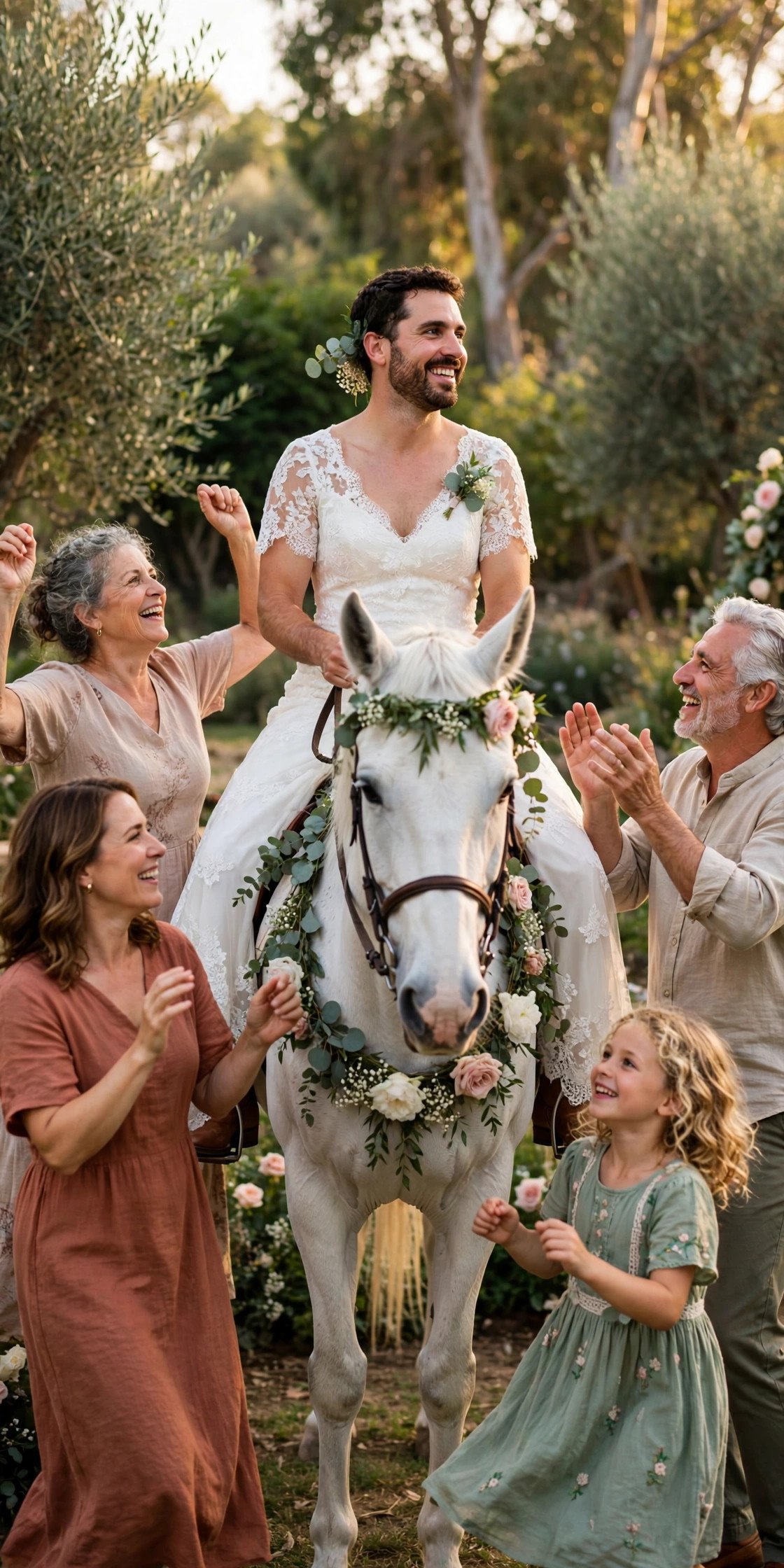 Groom in wedding dress riding a white decorated mare surrounded by dancing family