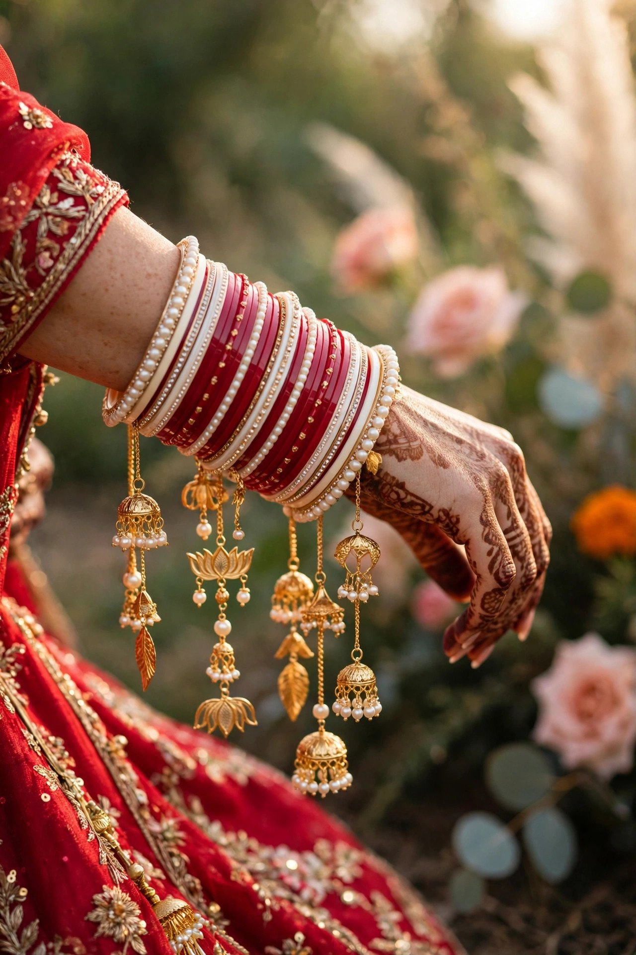 Bride's wrists wearing a set of red and white chooda bangles with hanging golden kaleerein