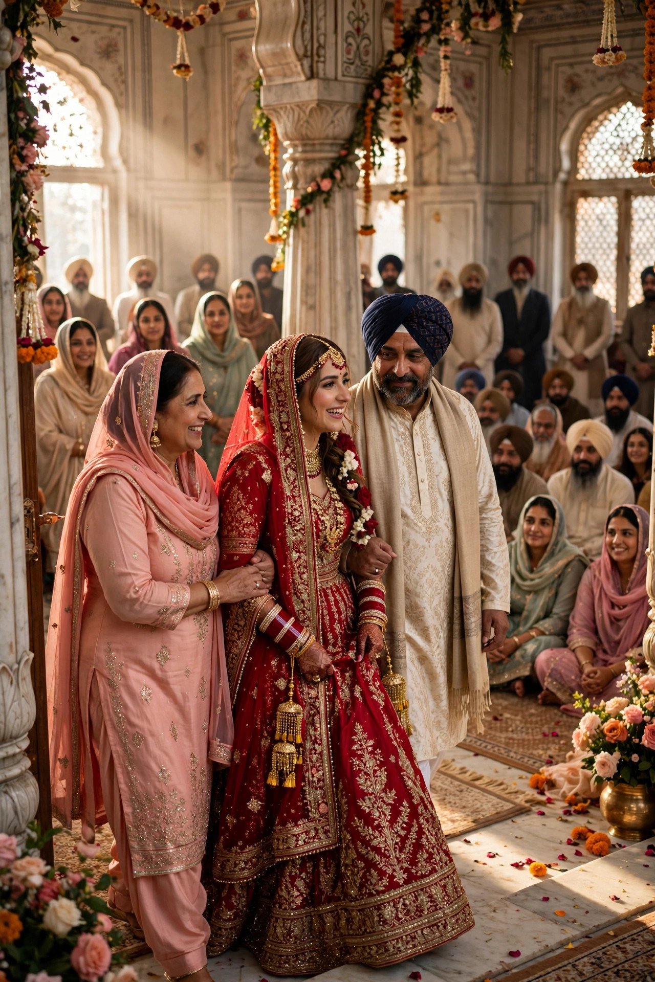 Bride in red entering a gurdwara hall escorted by her family as the congregation watches