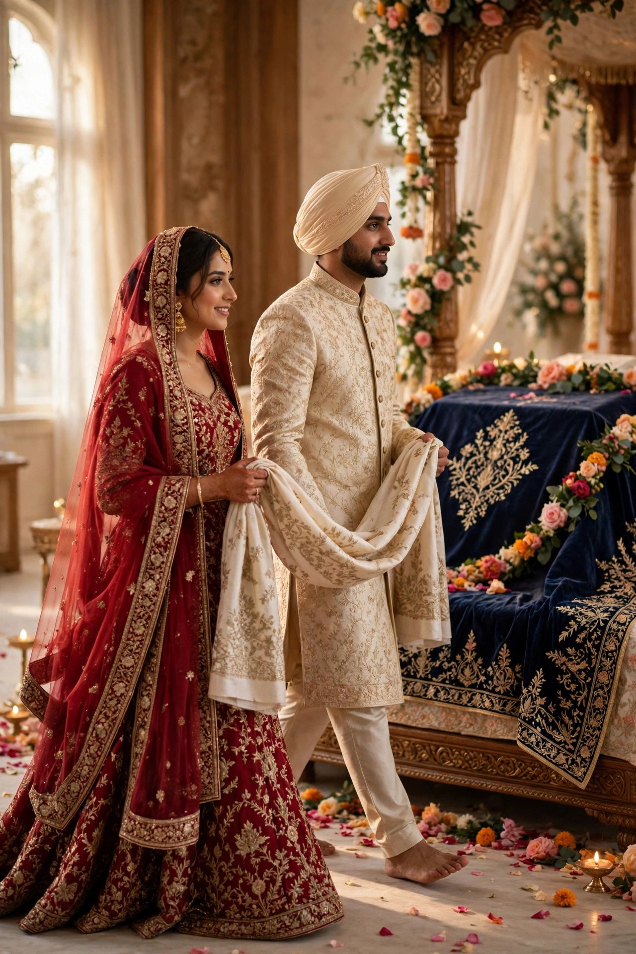 Couple walking together around the Guru Granth Sahib holding the palla during a laavan round