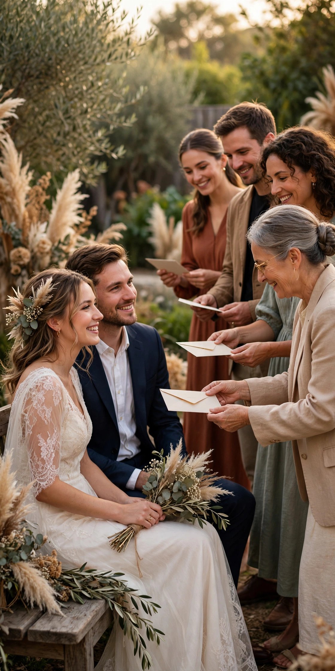 Line of guests presenting envelopes and congratulations to a seated couple