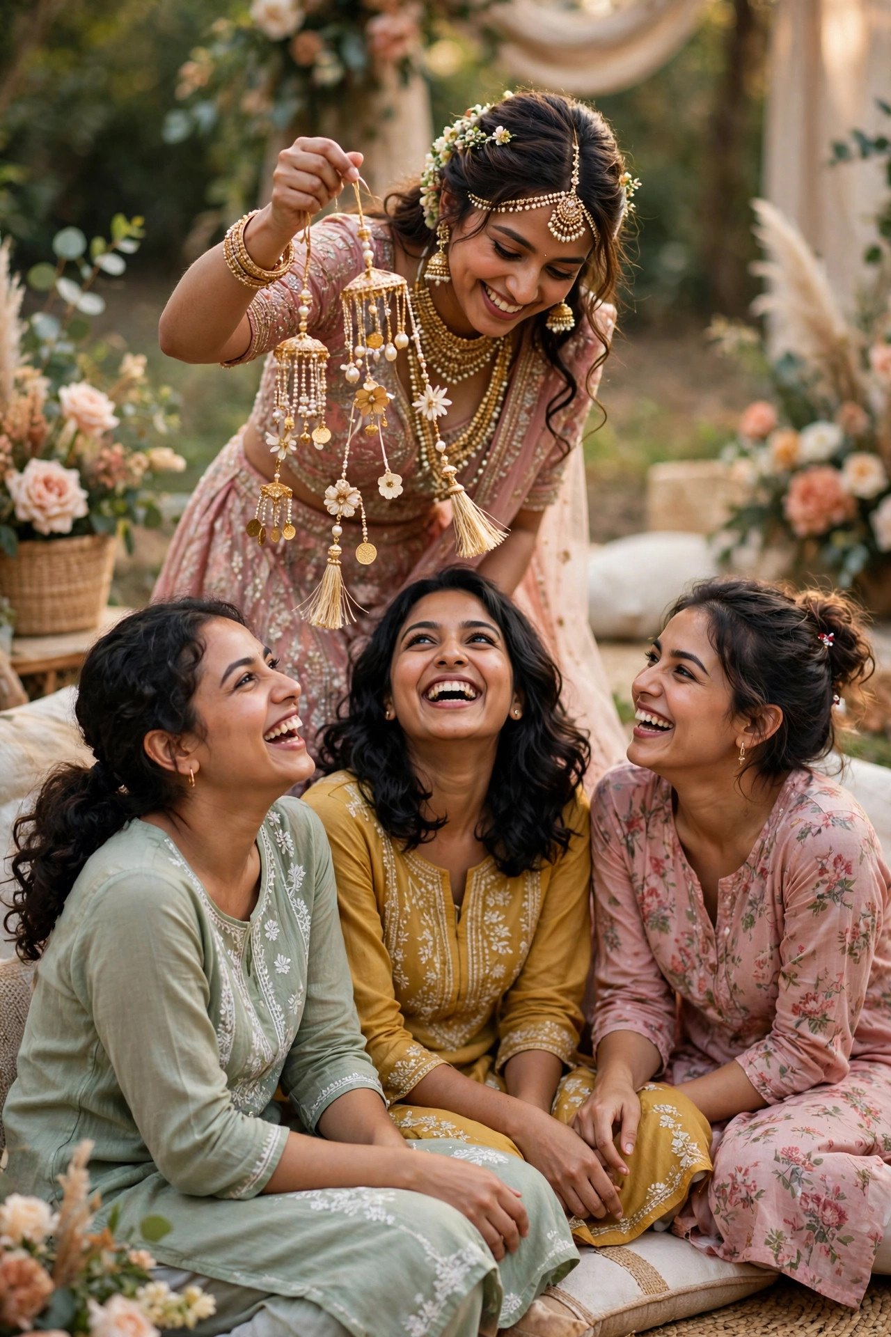 Bride shaking her kaleerein ornaments above seated laughing friends