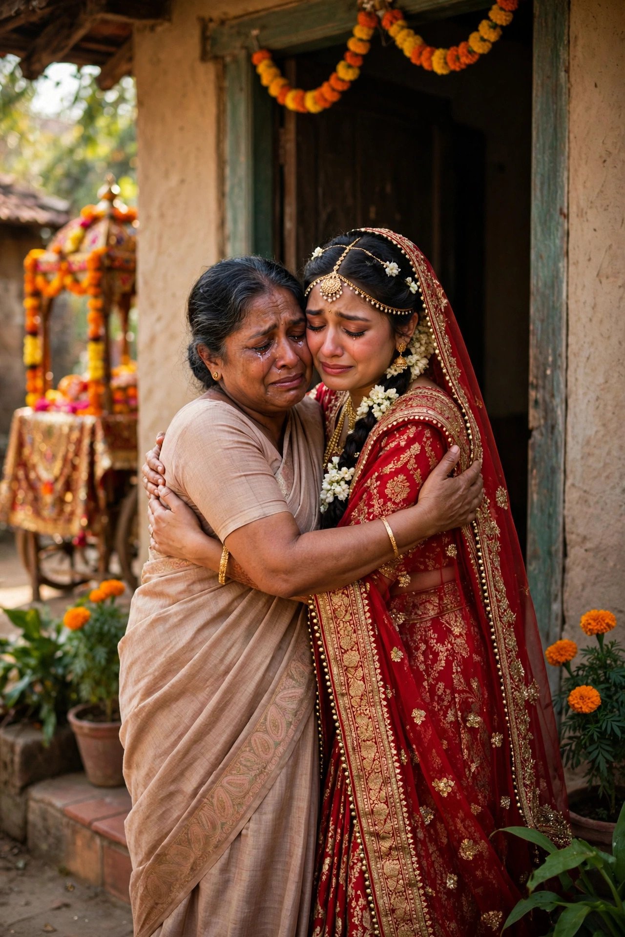 Bride embracing her crying mother at the door of her family home during the doli