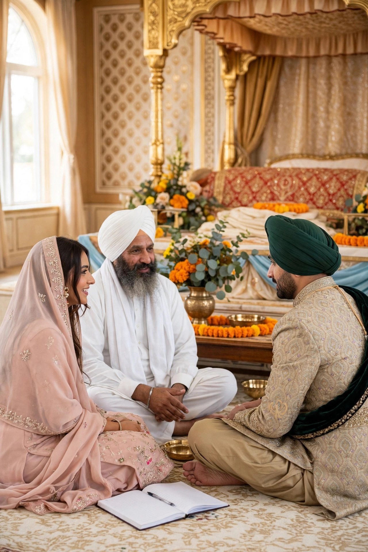 Couple meeting with a granthi at a gurdwara to plan their ceremony
