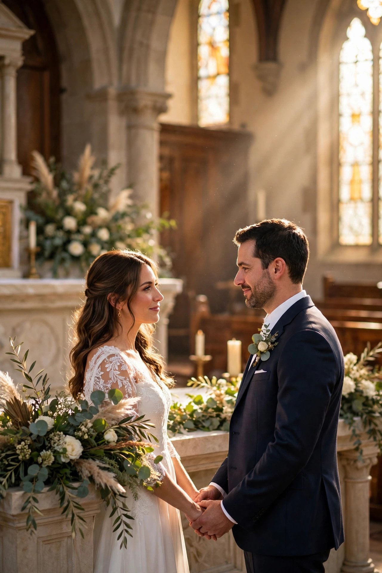 Sunlight falling on a couple holding hands at a church altar
