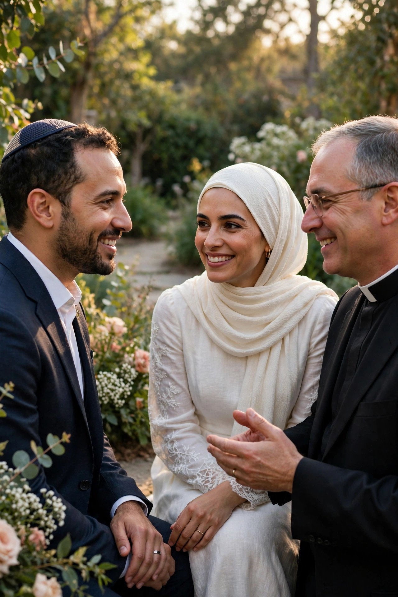 Couple of different faith backgrounds talking warmly with a priest