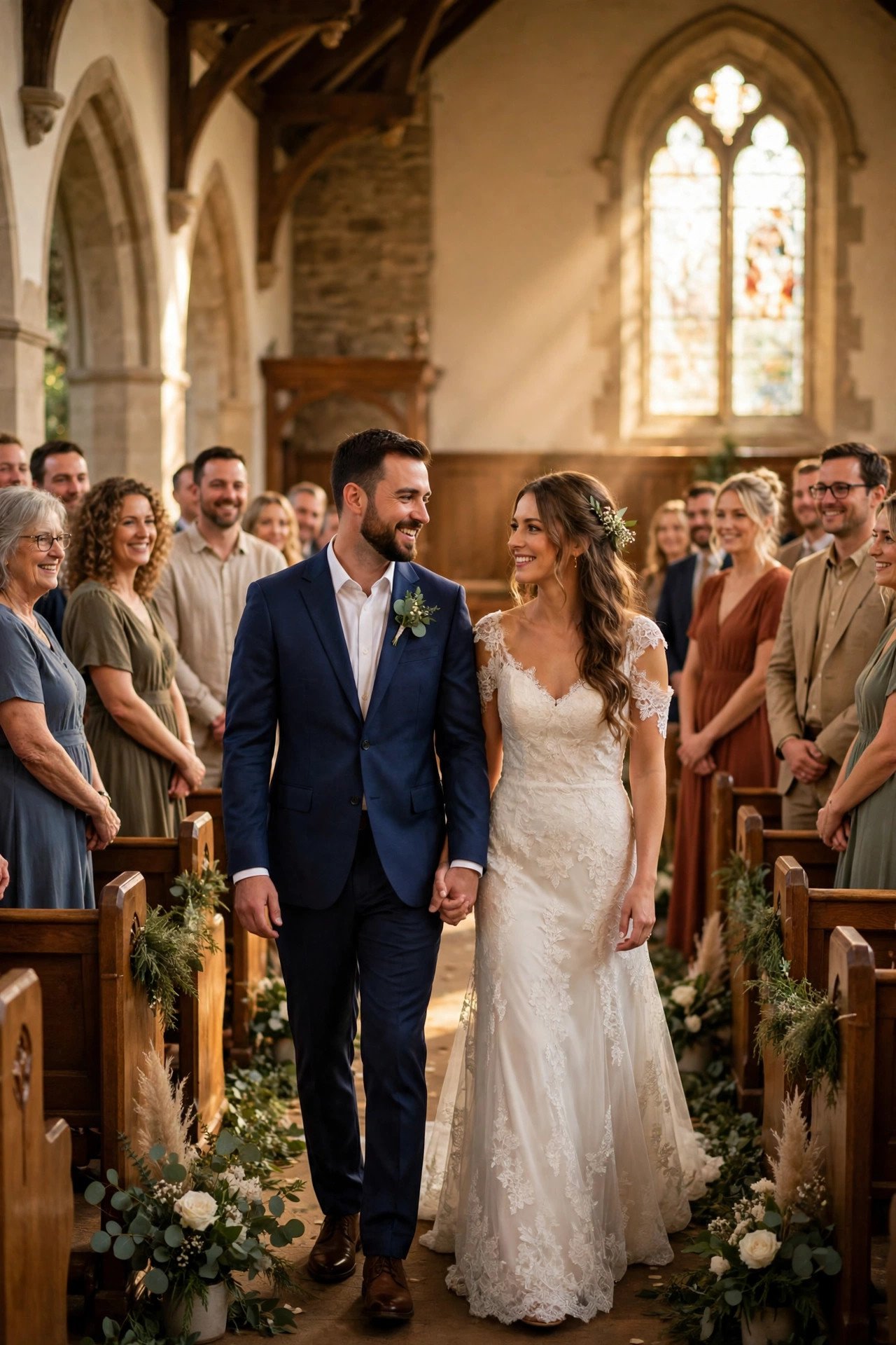 Couple processing down a church aisle together as guests stand