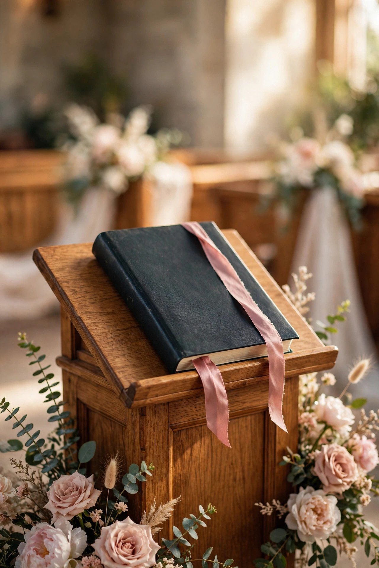 Open lectionary on a lectern with a ribbon marker during a wedding