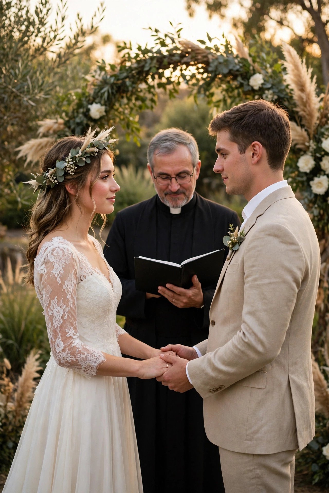 Couple facing each other holding hands and exchanging vows before a priest