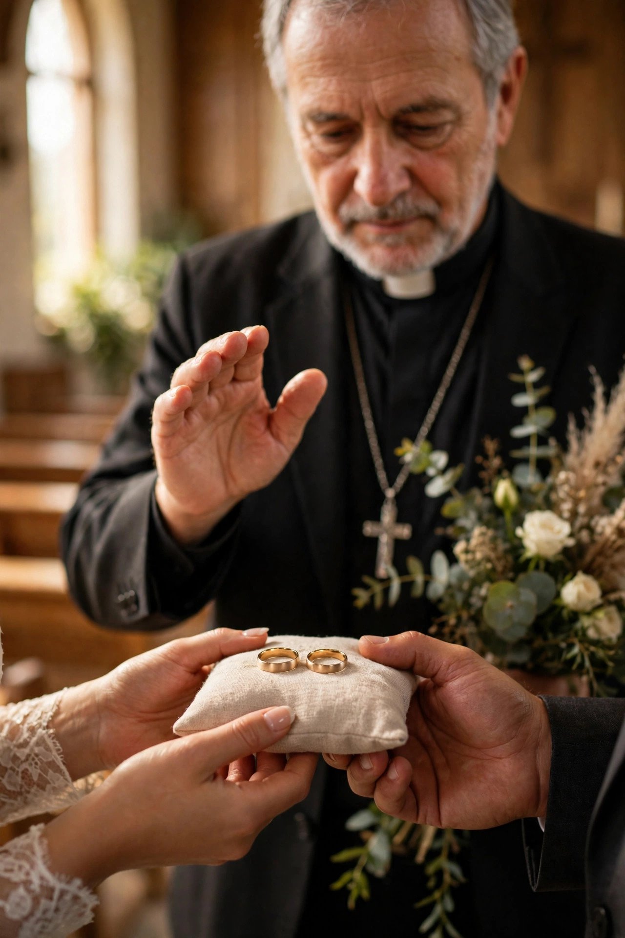 Priest blessing wedding rings held on a small cushion before the exchange