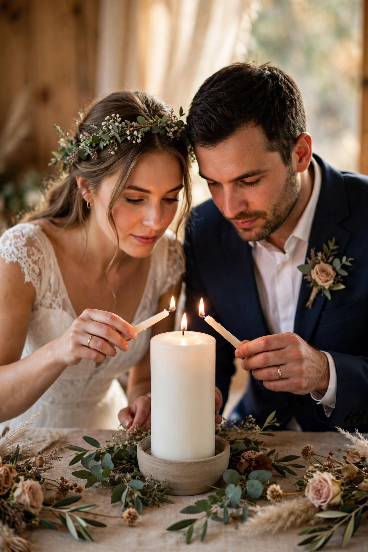Couple lighting a large unity candle together from two taper candles
