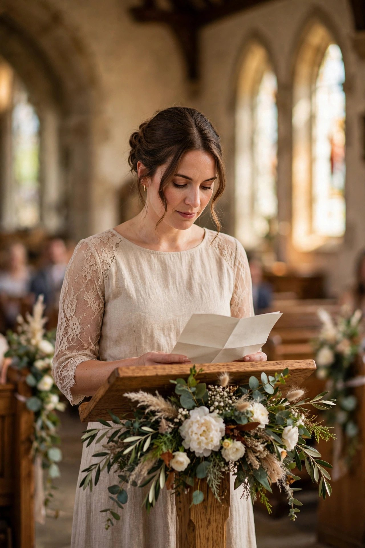 Reader at the lectern presenting the prayer intentions during a wedding