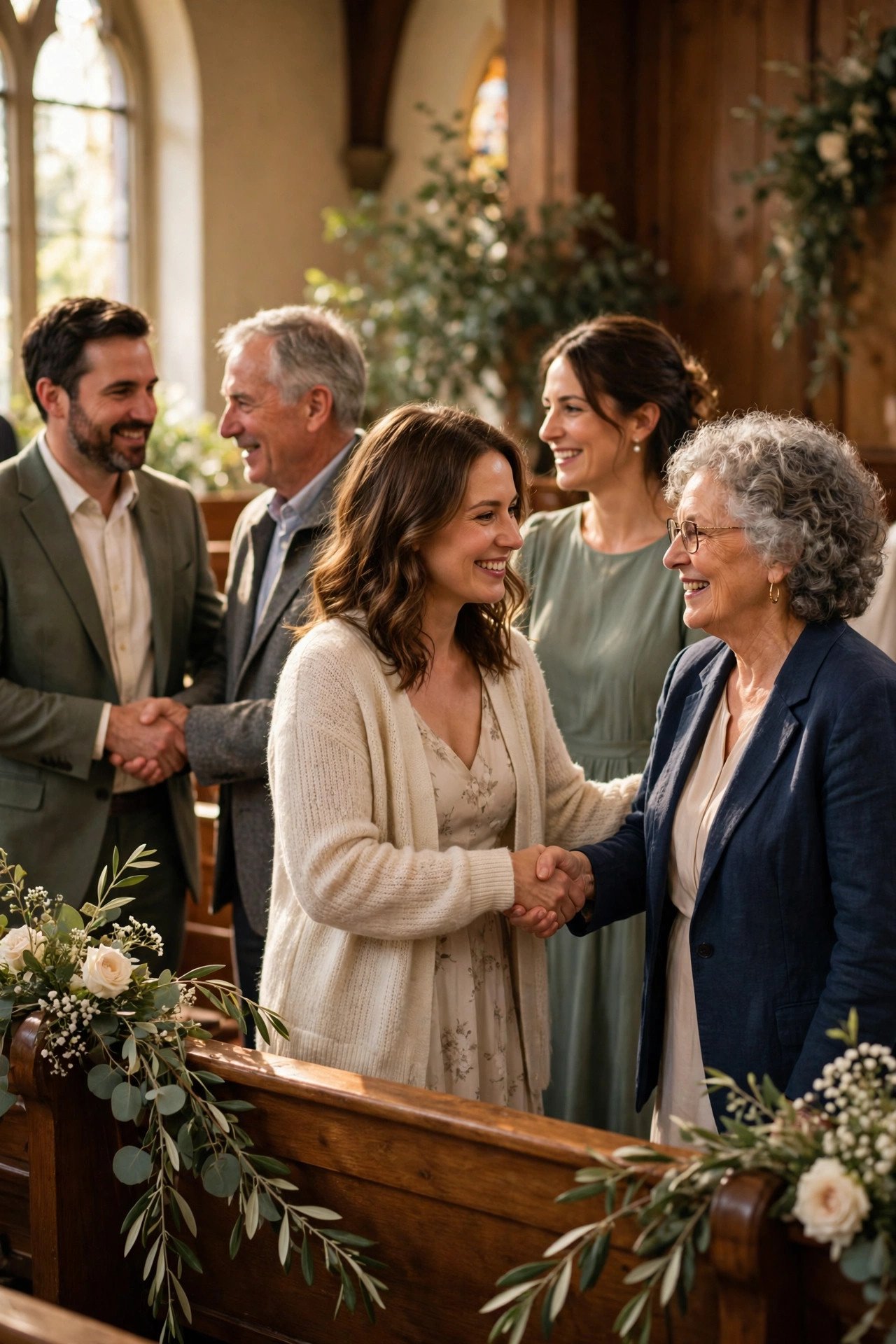 Congregation members shaking hands and smiling during the sign of peace
