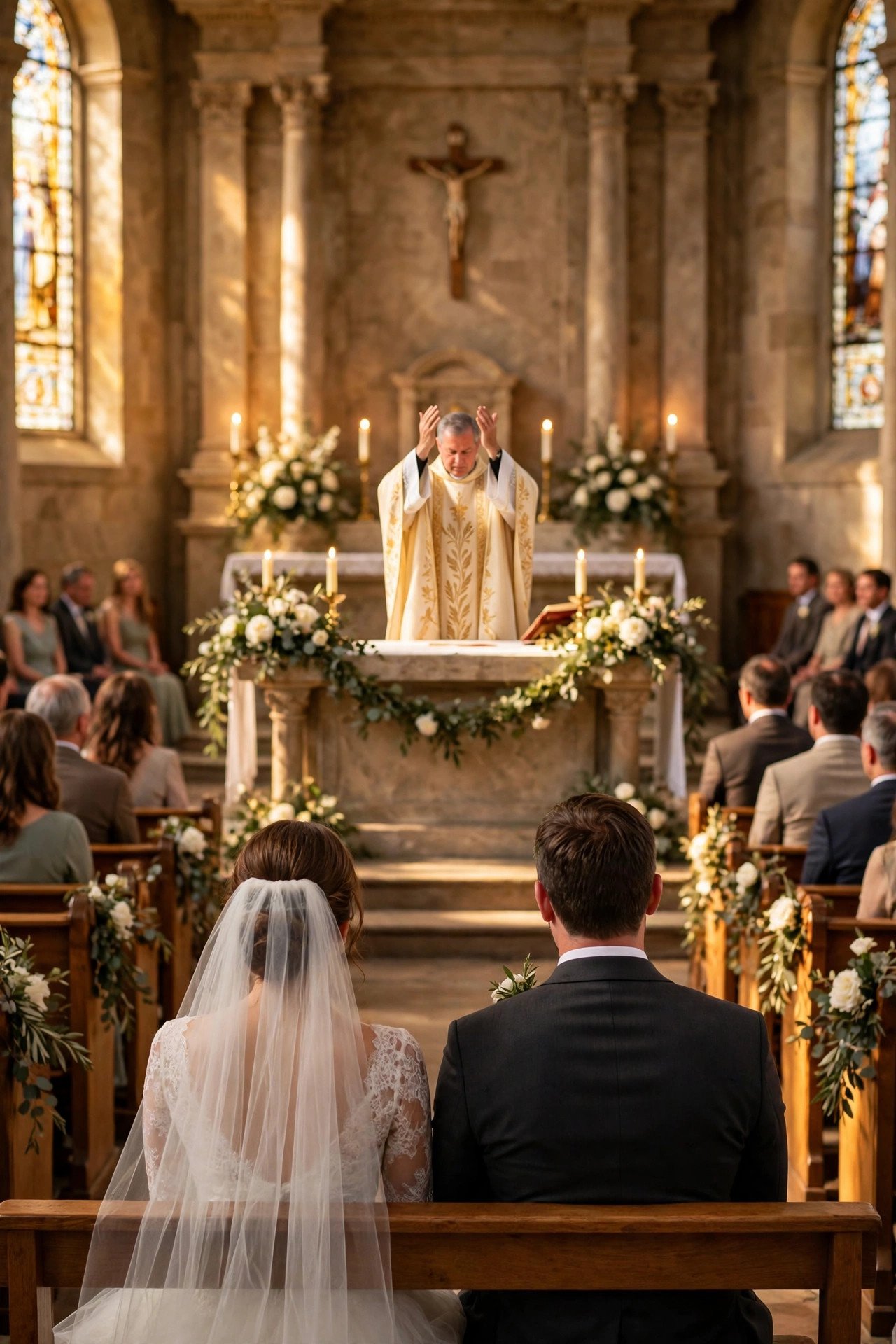 Priest elevating the host during the Eucharistic prayer at a wedding Mass