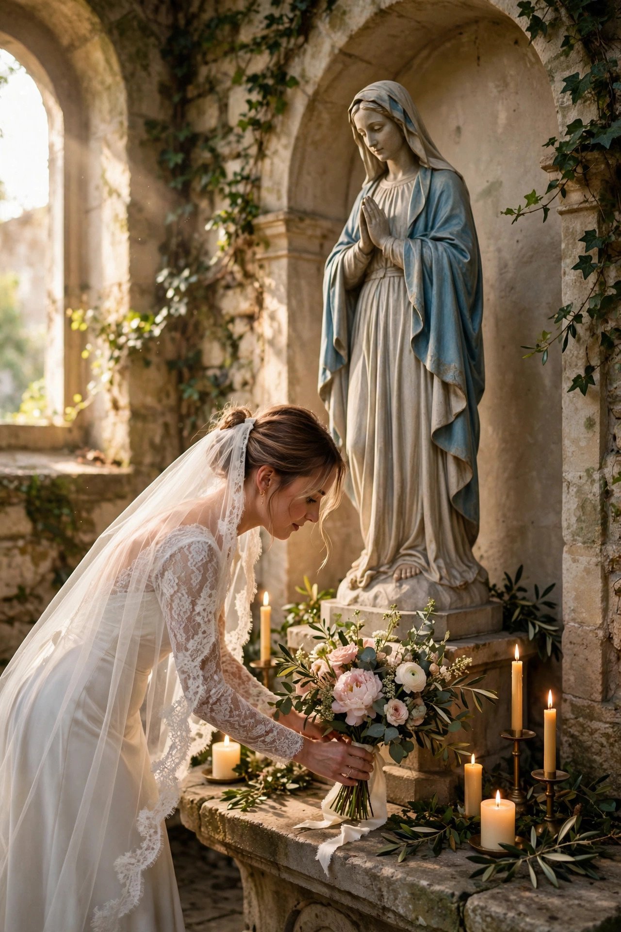 Bride placing a bouquet before a statue of the Virgin Mary in a side chapel