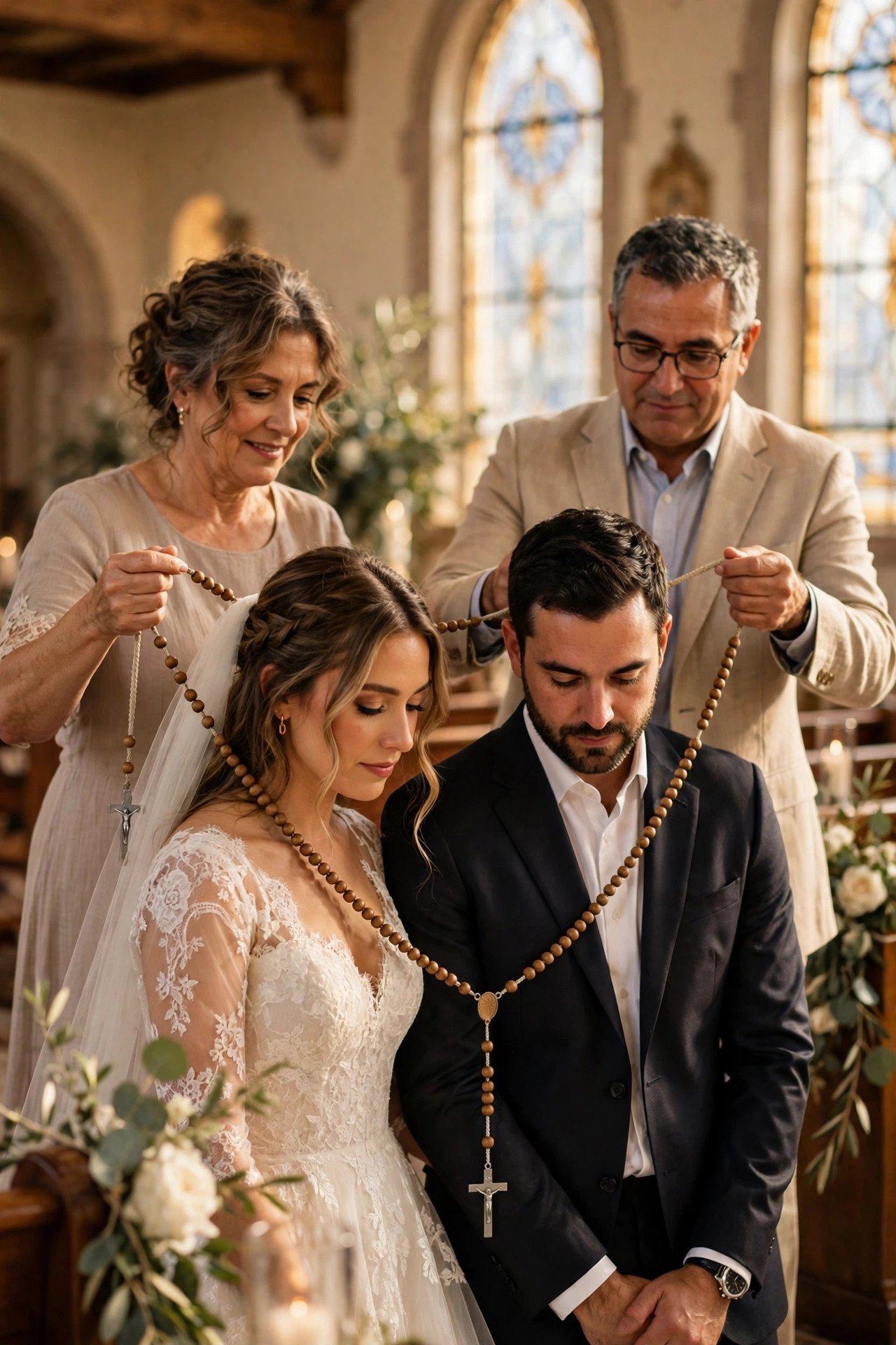 Padrinos draping a rosary lasso over a couple's shoulders during a wedding Mass