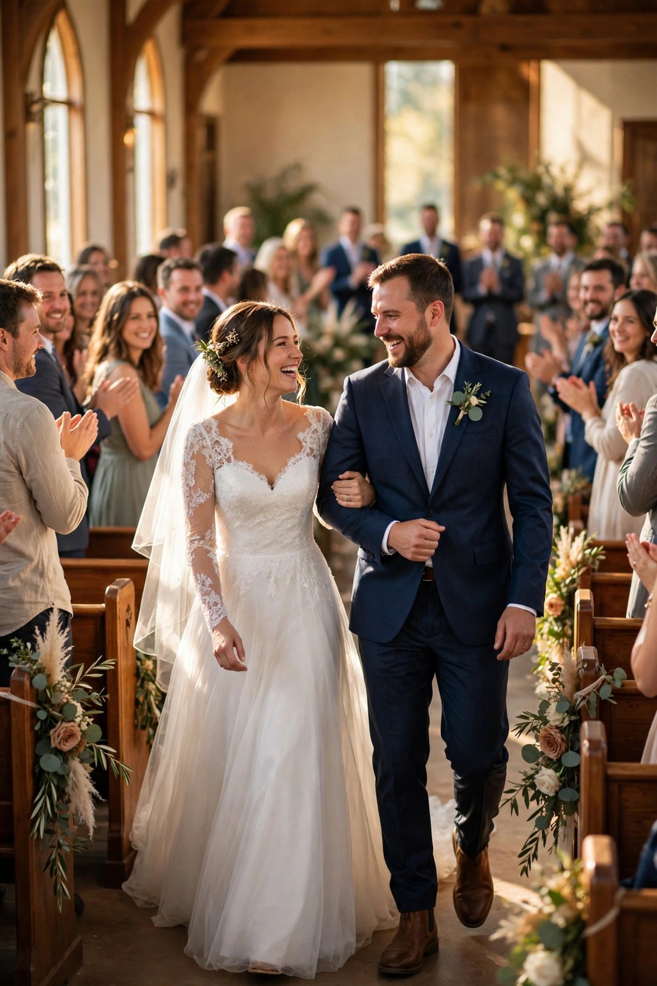 Newlywed couple walking joyfully back down the aisle as guests applaud