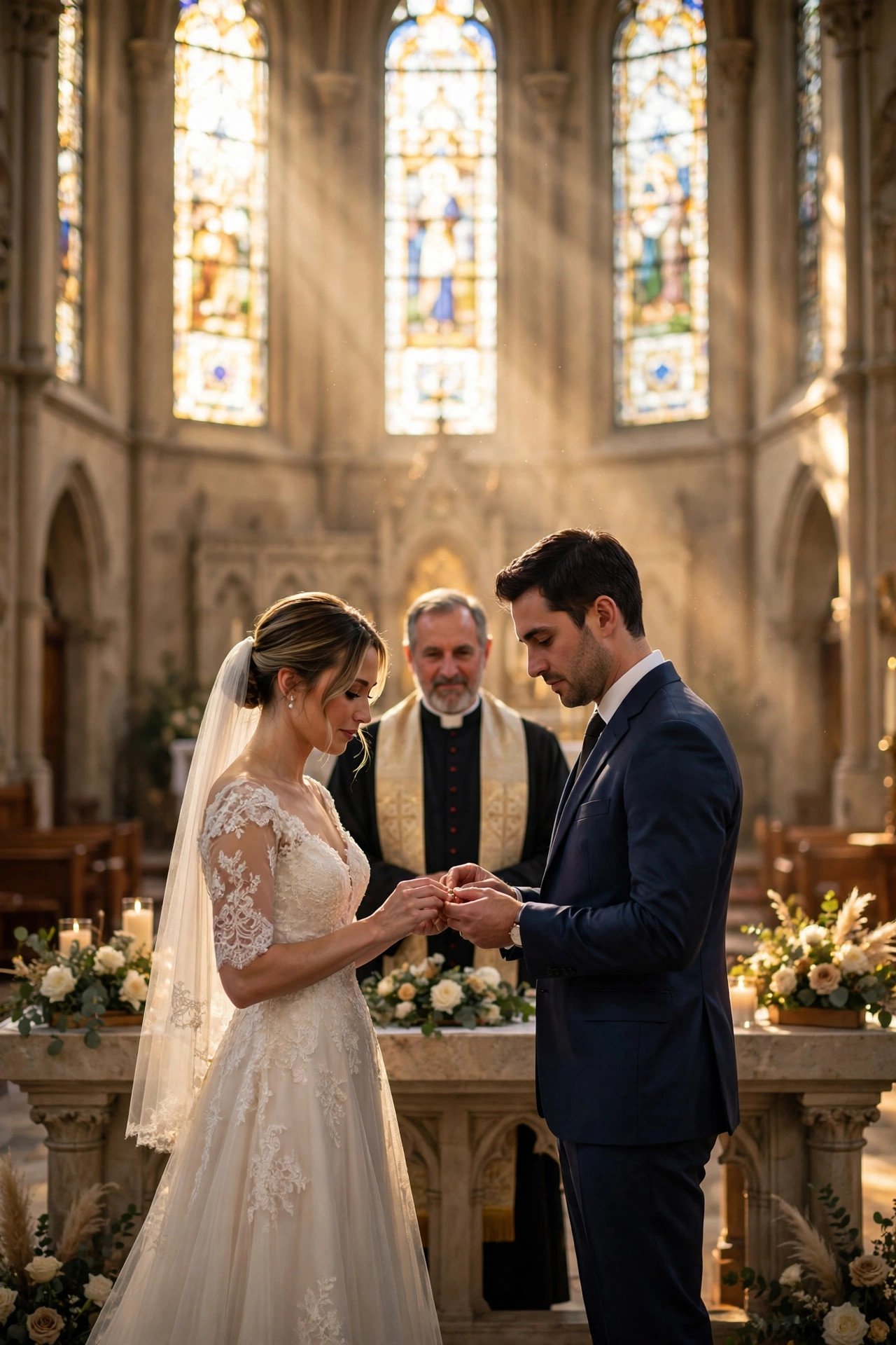 Couple exchanging rings at the altar of a Catholic church during their wedding Mass as sunlight falls through tall windows