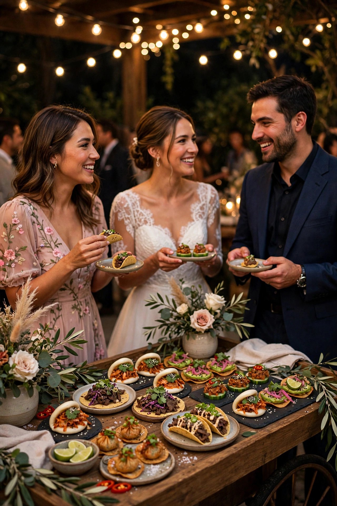 Late-Night Snack Fusion Station at a wedding celebration
