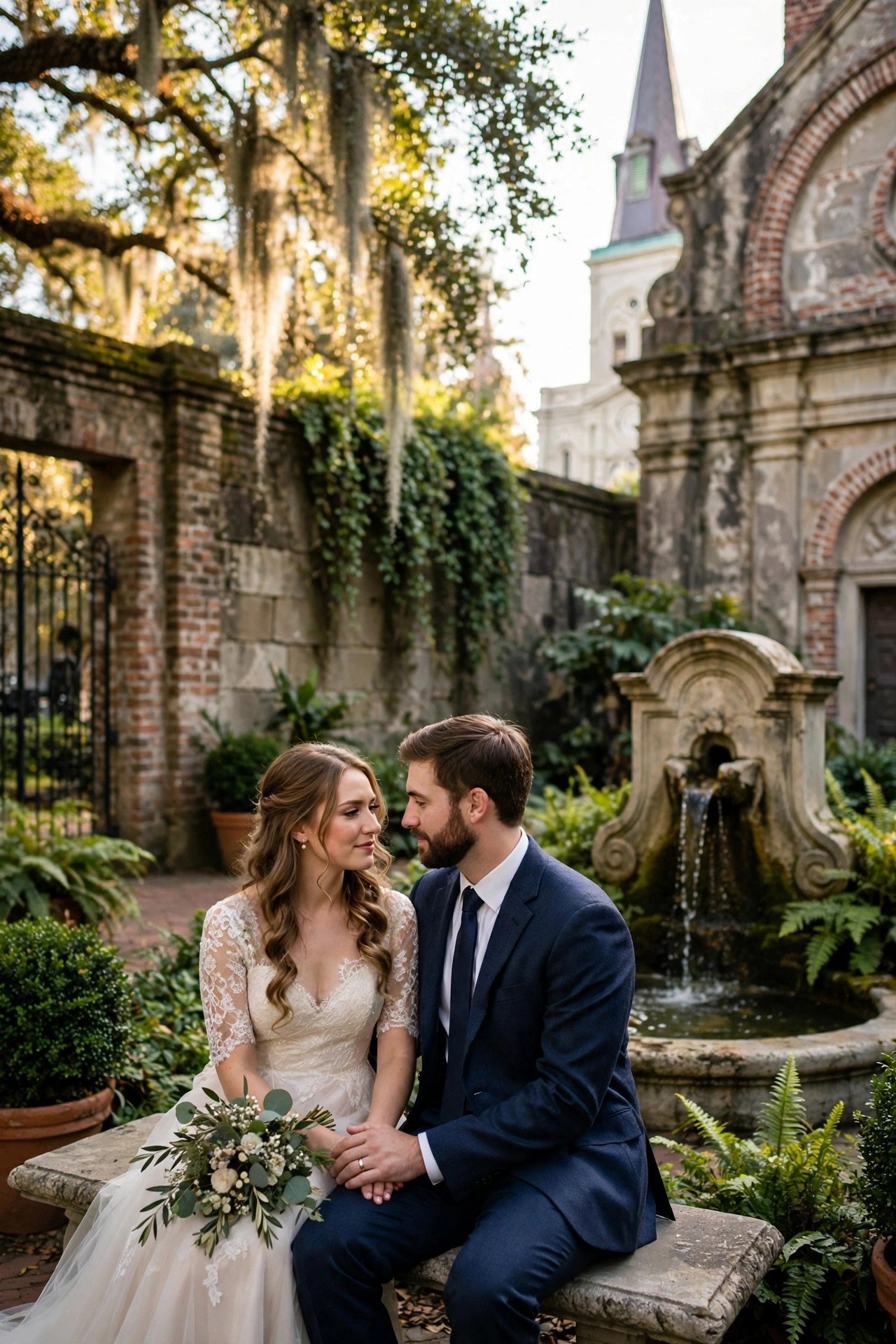 A Quiet Moment at a Historic Church or Courtyard Garden at a wedding celebration