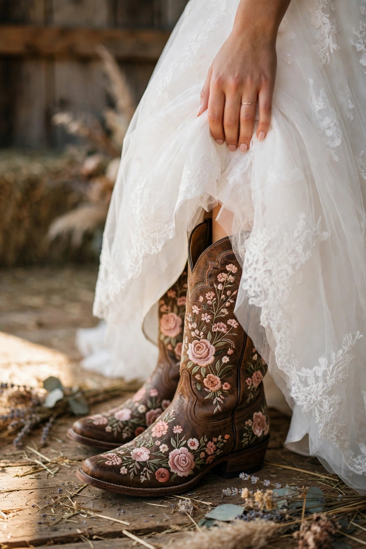 Cowboy Boots Under Formalwear at a wedding celebration