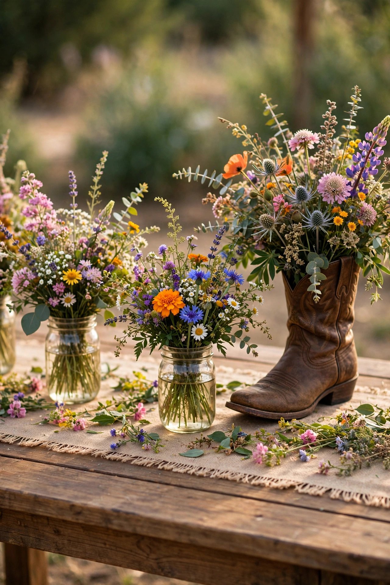 Wildflower Bouquets in Mason Jars and Boots at a wedding celebration