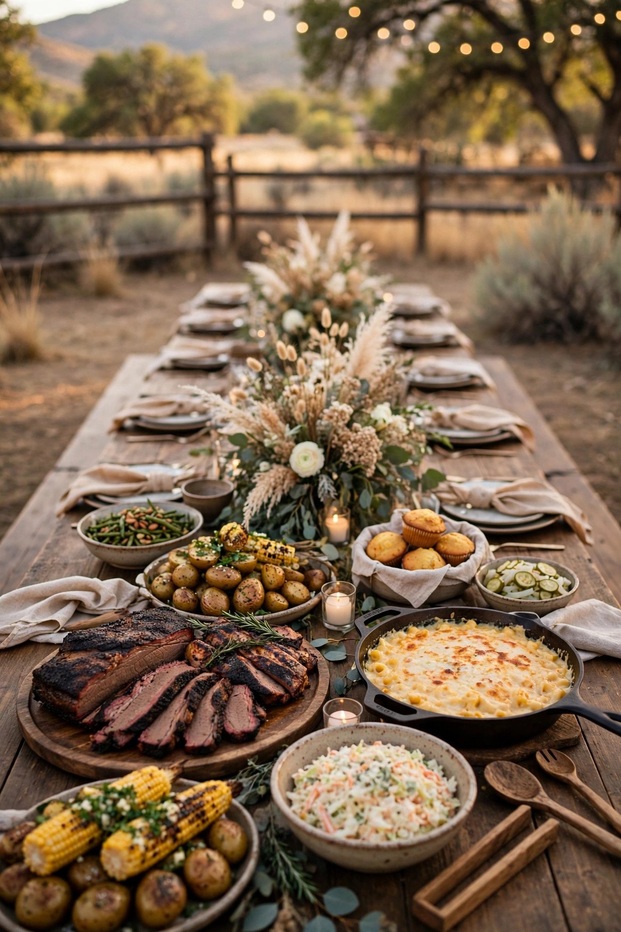 BBQ and Comfort Food, Served Family Style at a wedding celebration