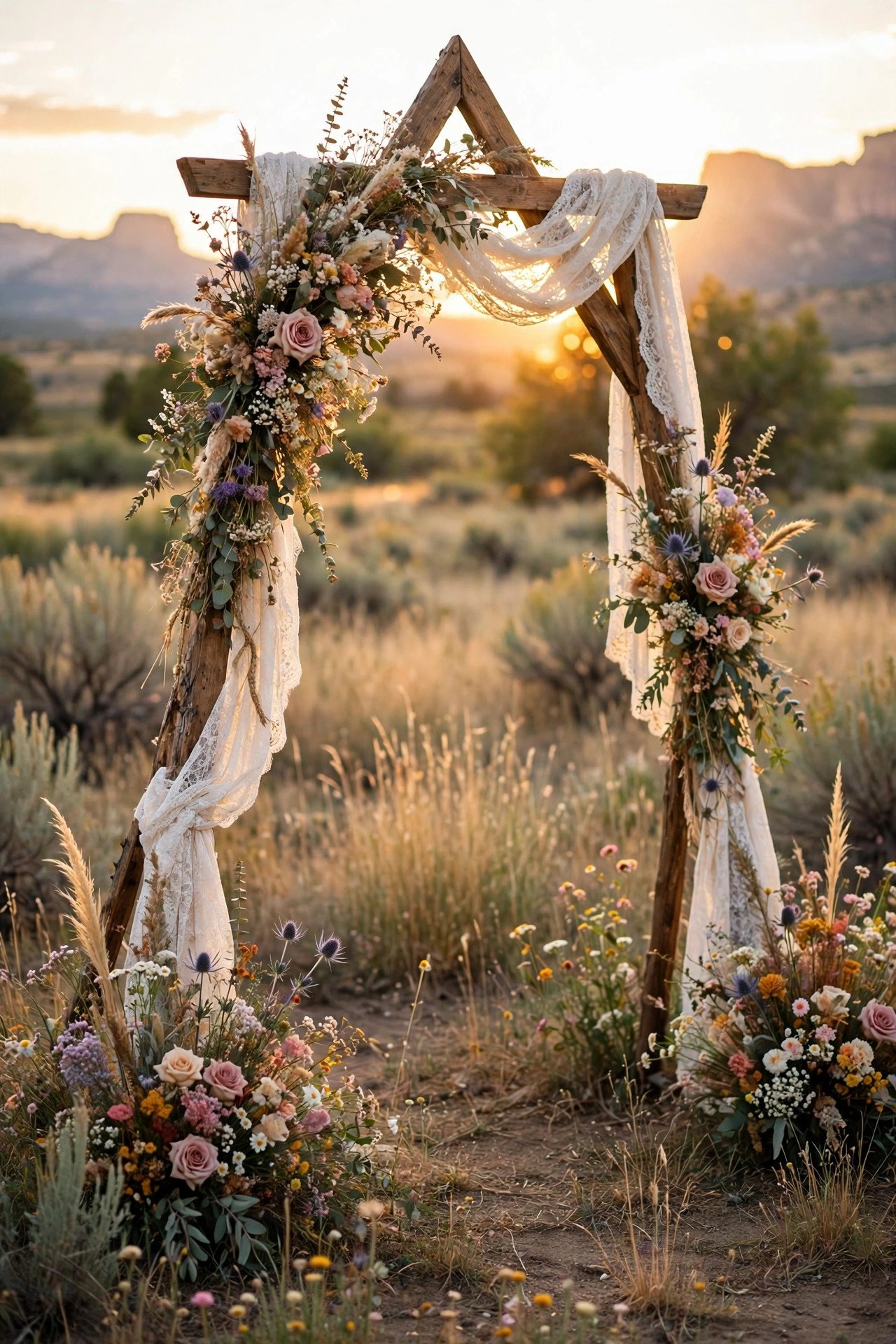 A Wooden Arch With Draped Lace at a wedding celebration