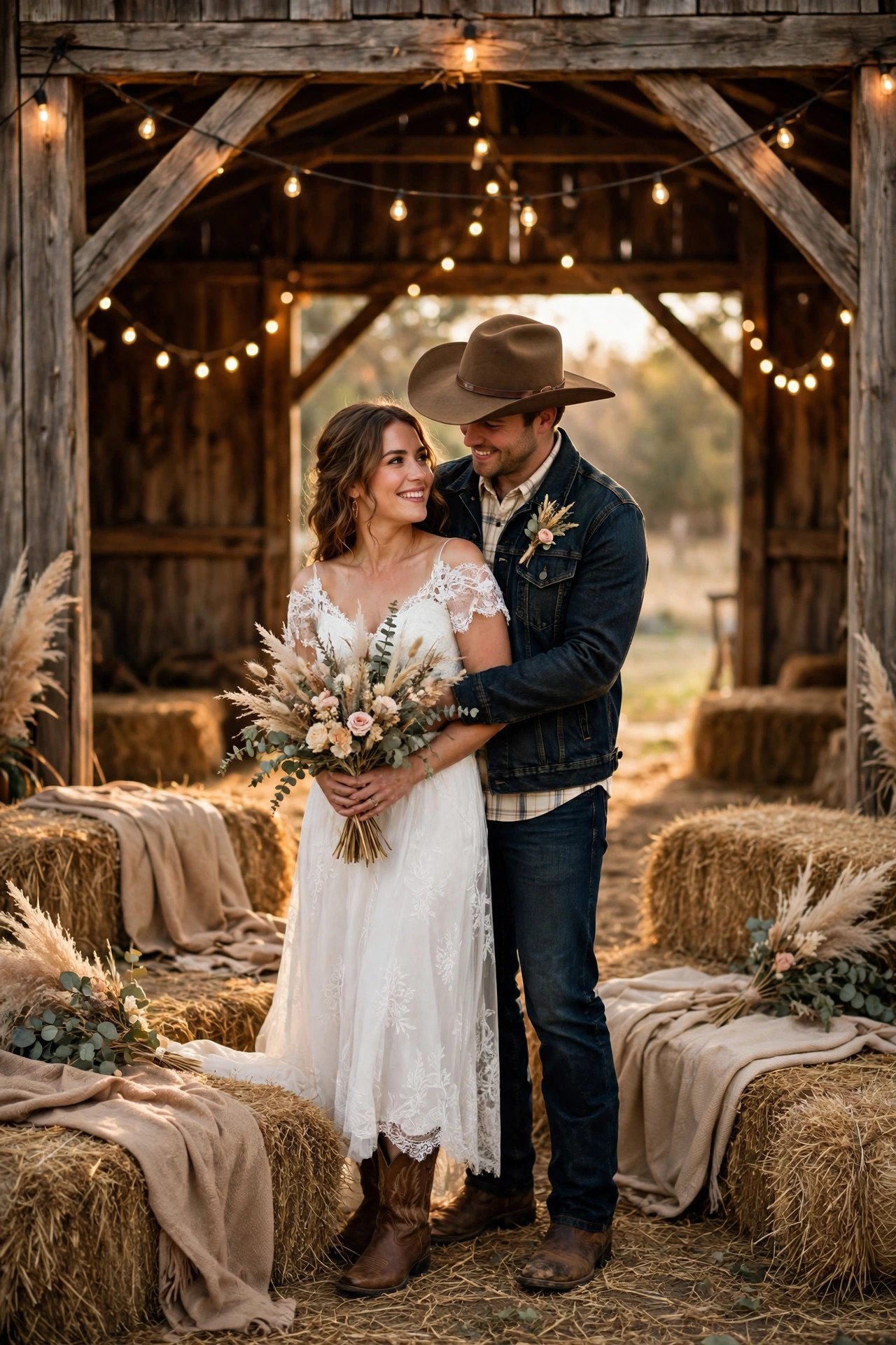 Western wedding couple in boots beneath a barn arch with string lights and hay bale seating