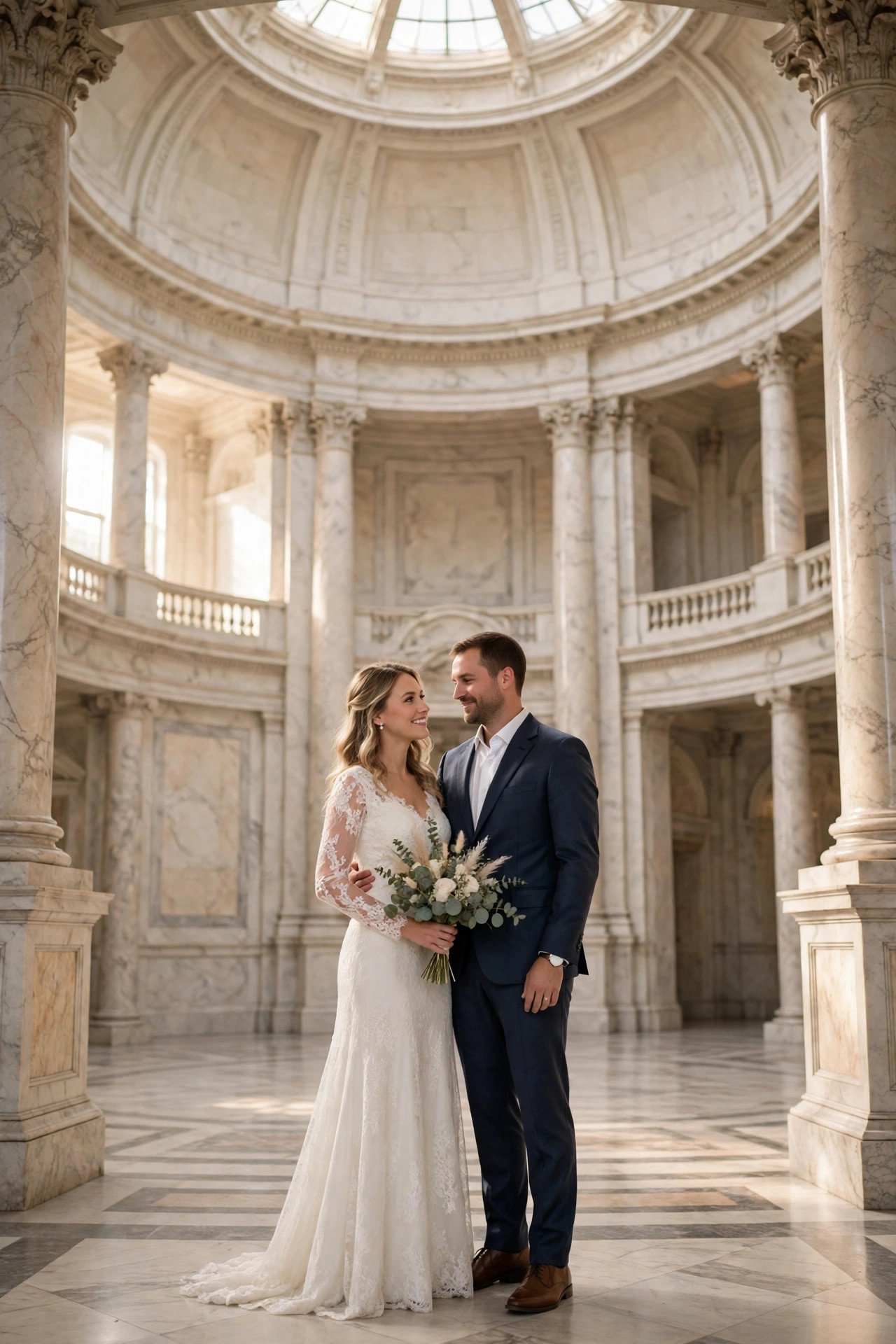 Couple posing alone in an empty marble city hall rotunda in soft morning light