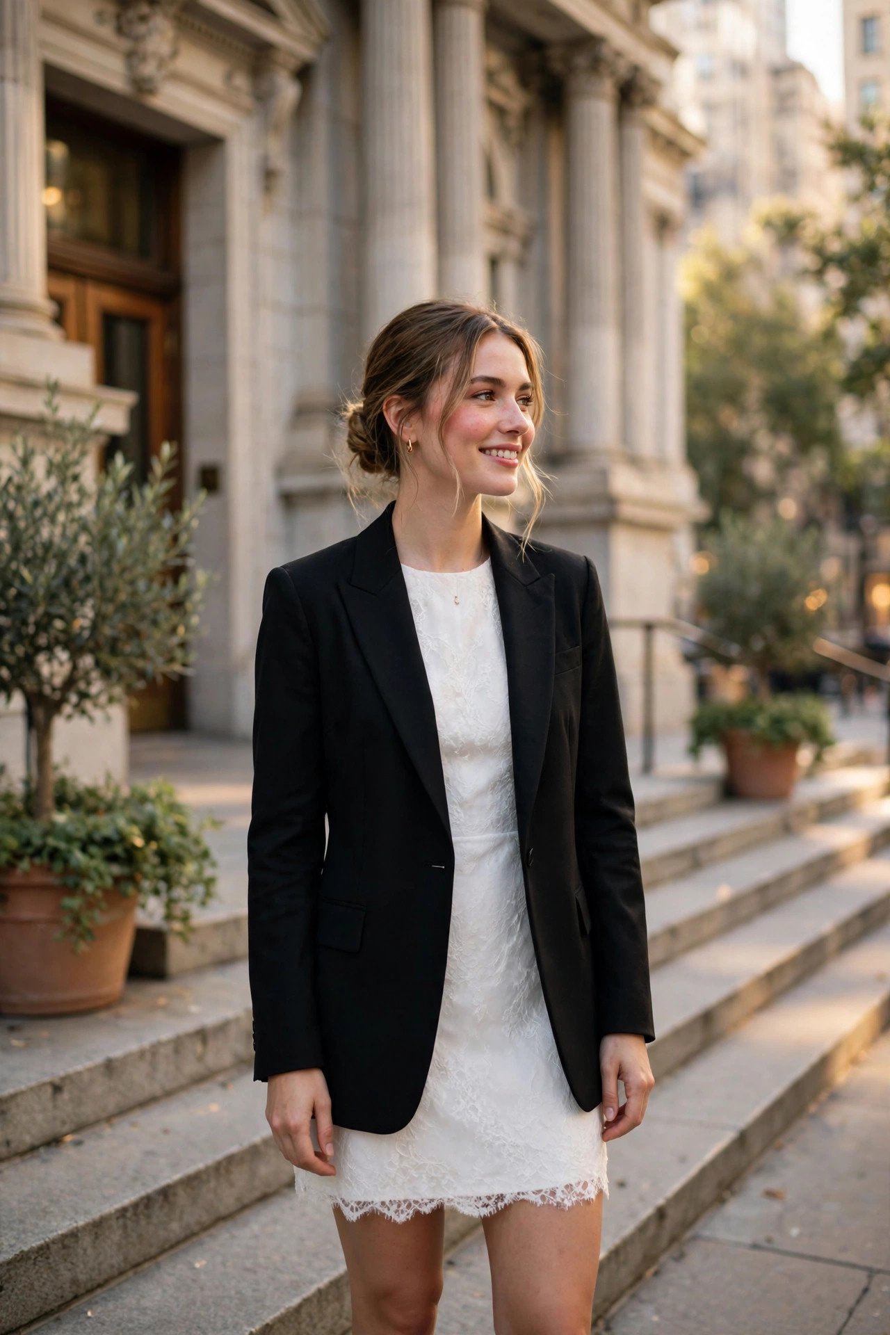 Bride in a chic short white dress and tailored blazer posing outside city hall