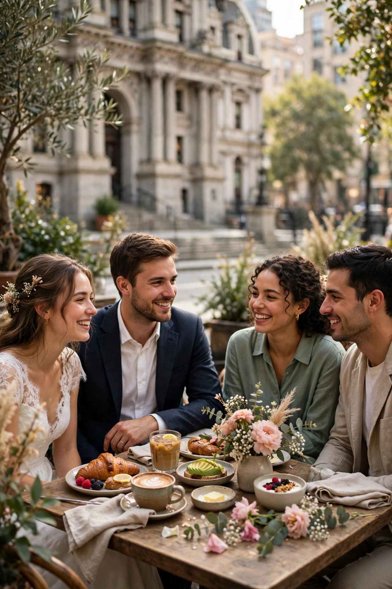 Small group sharing brunch at a bright café table near city hall with flowers and coffee