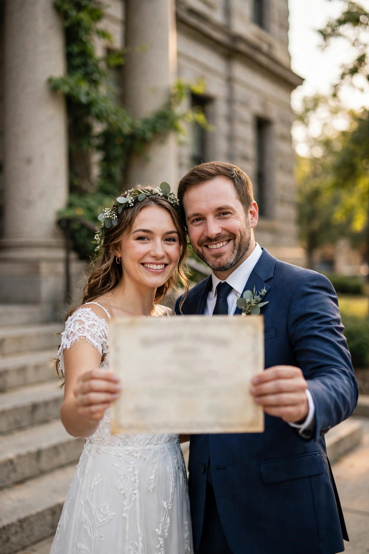 Newlyweds holding their marriage certificate together outside the courthouse