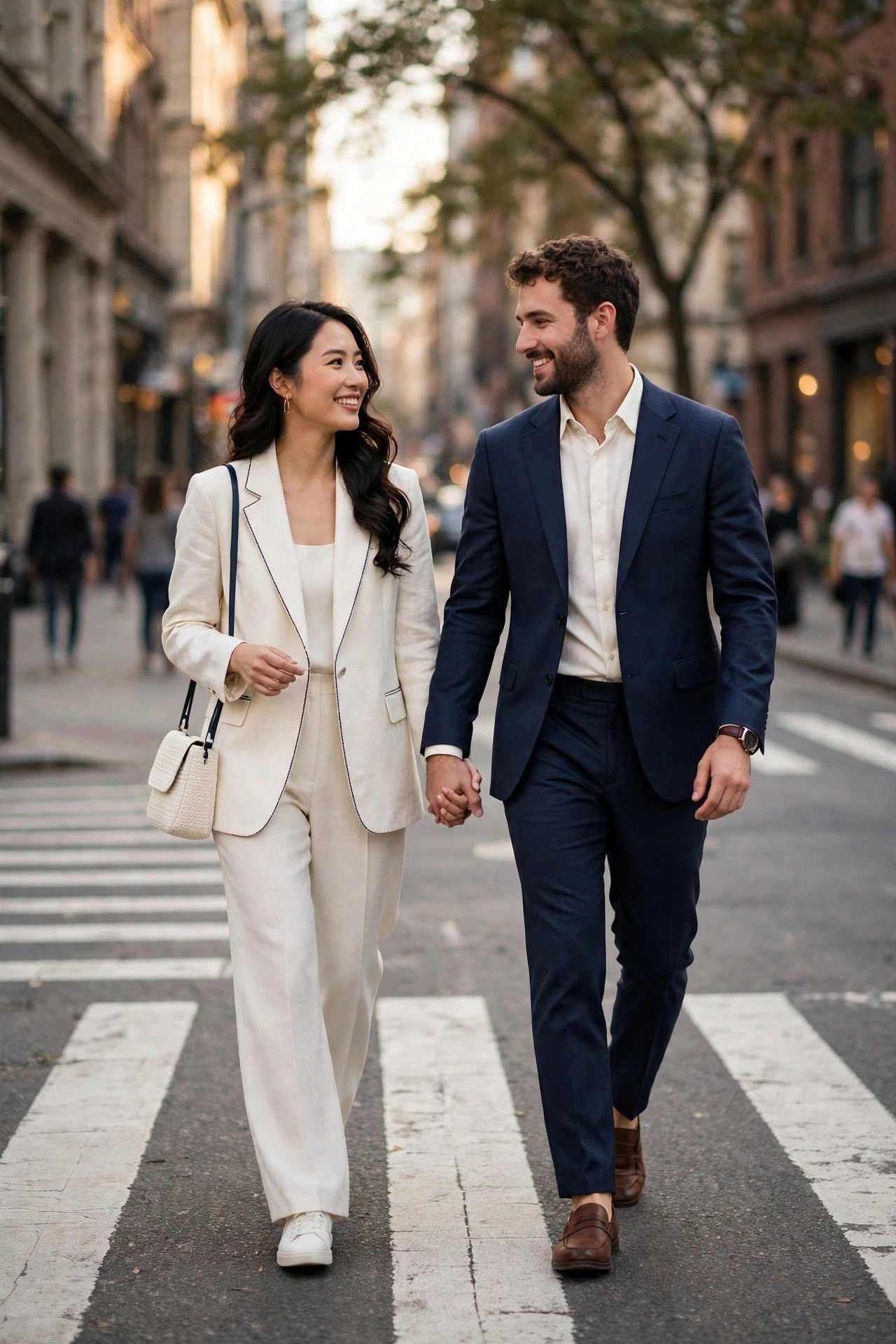 Couple in coordinated ivory and navy tailored outfits walking across a city crosswalk