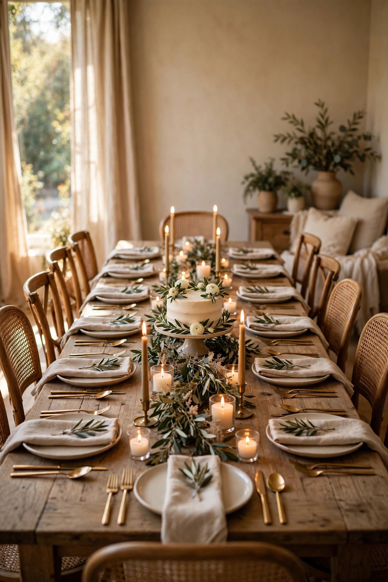 Intimate private dining room set for twelve with candles and a small wedding cake