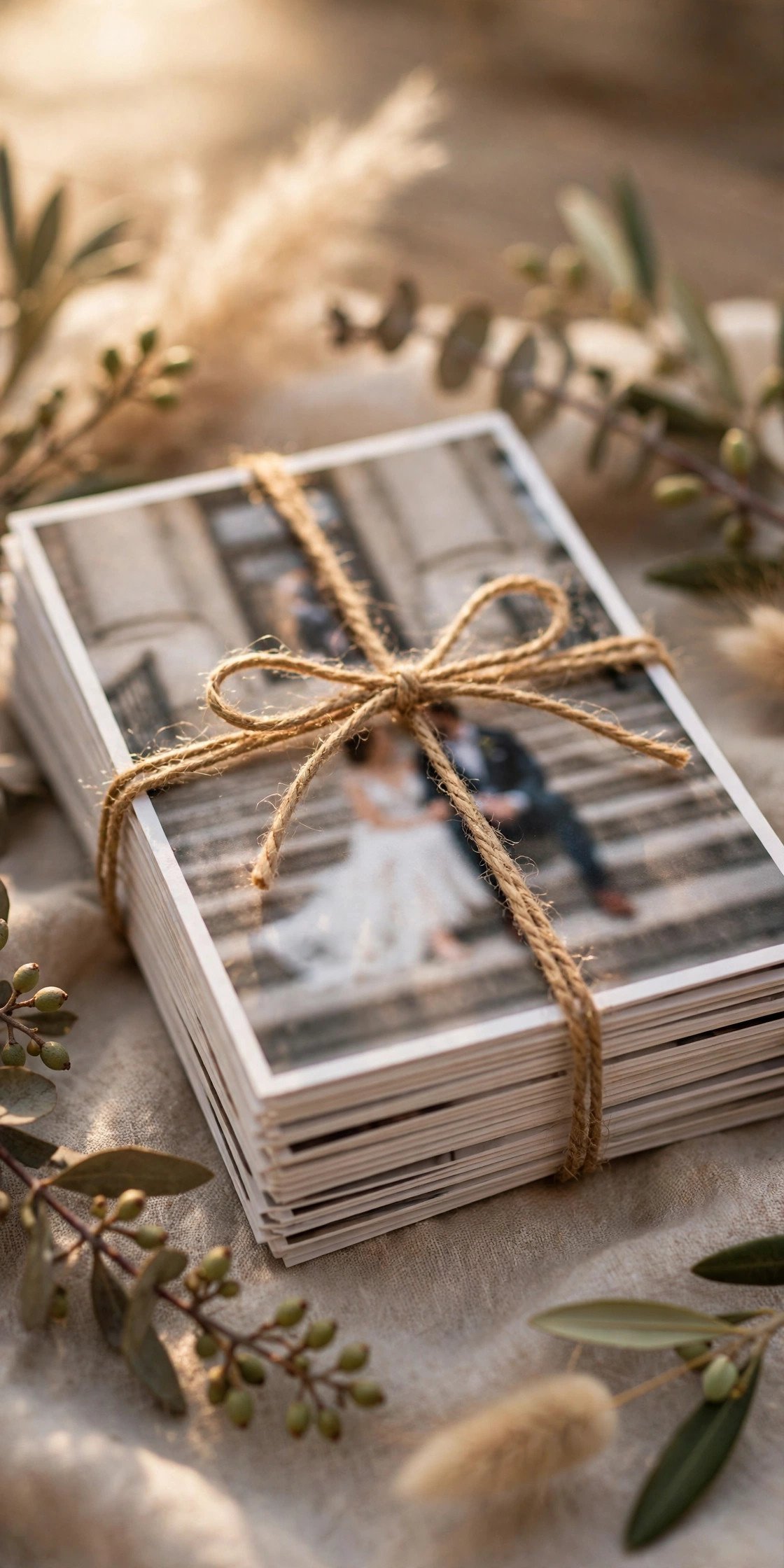 Stack of photo announcement cards showing a couple on city hall steps tied with ribbon
