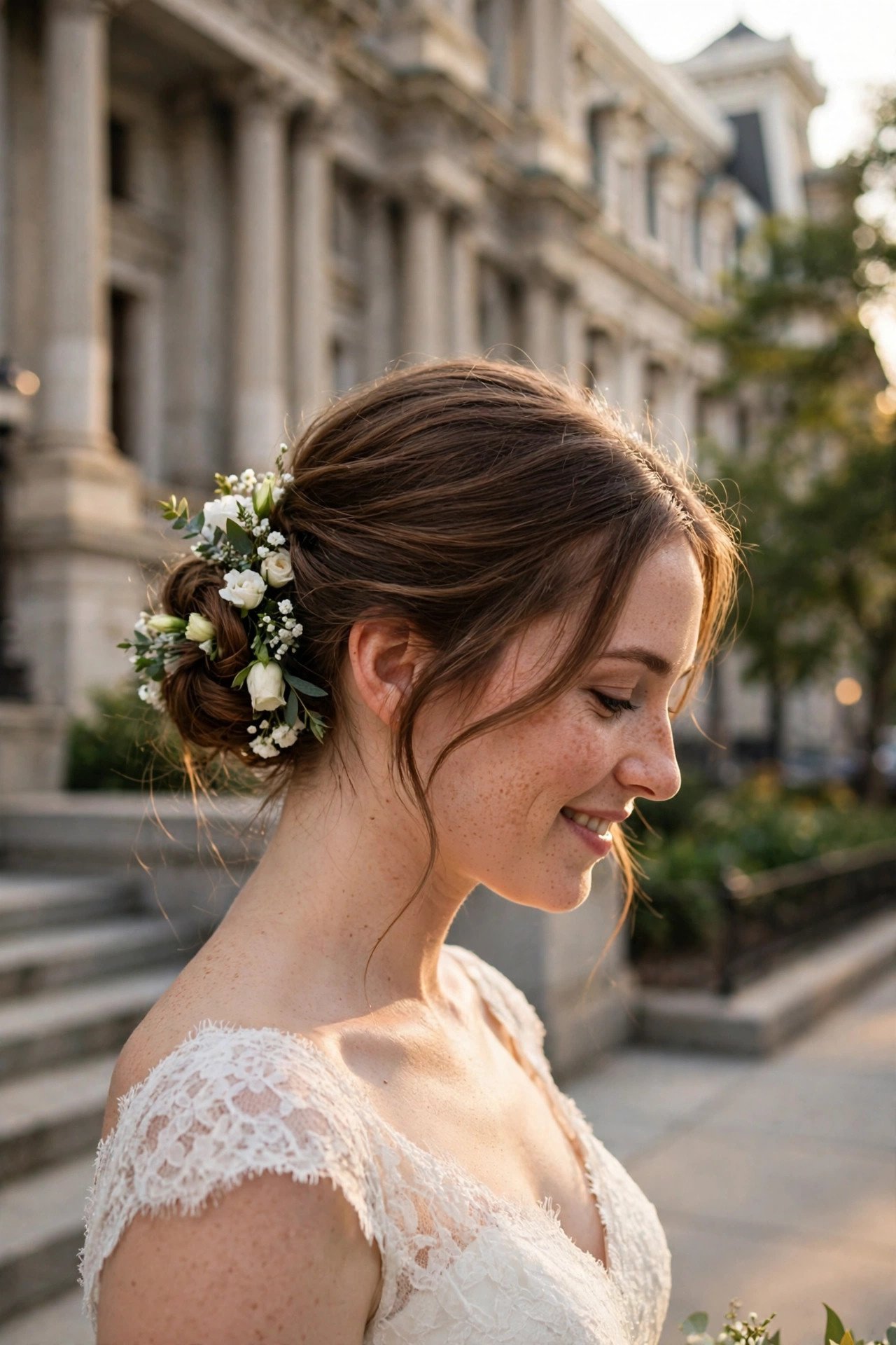 Bride with fresh white flowers woven into a low bun outside city hall