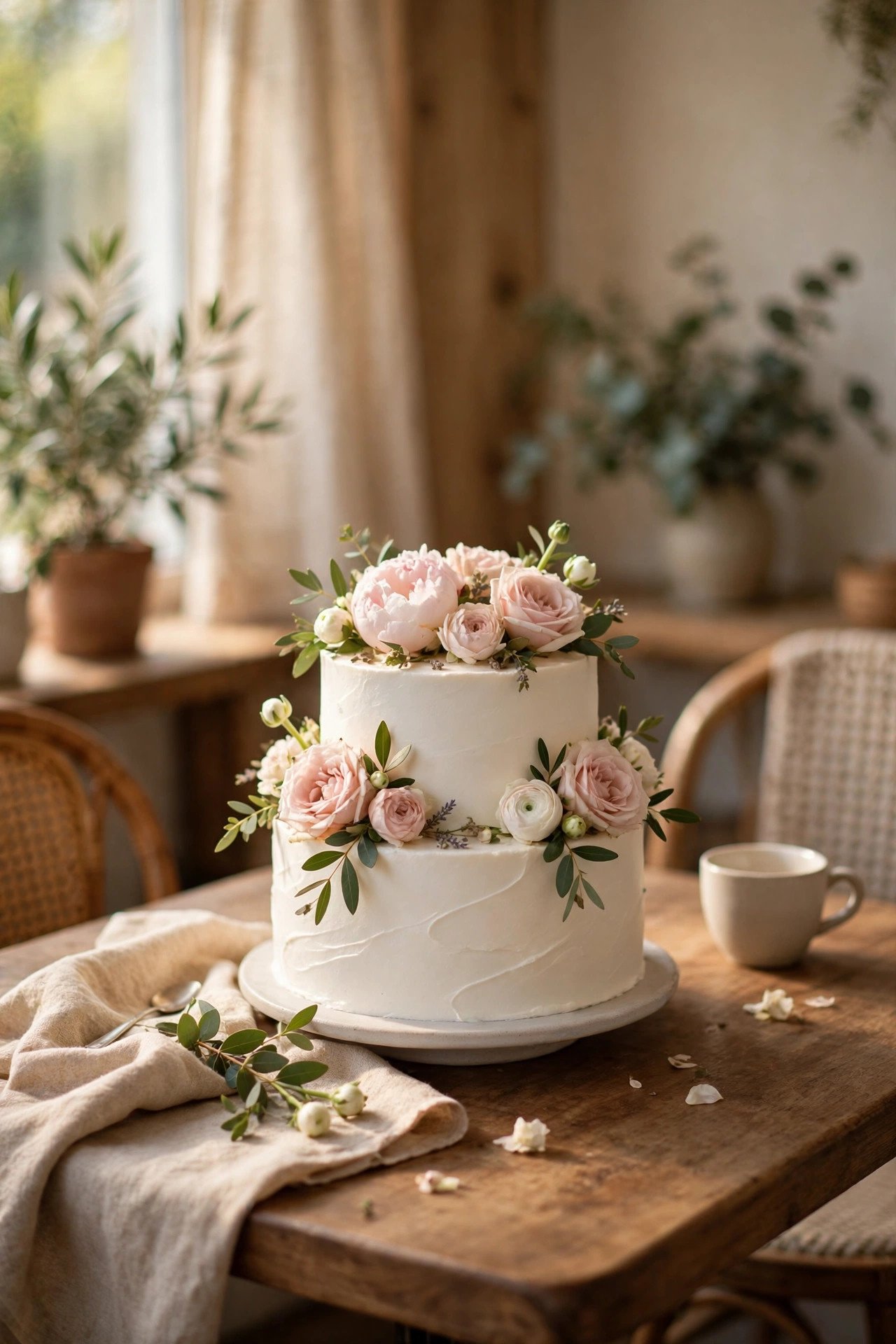Small two-tier white wedding cake with fresh flowers on a café table
