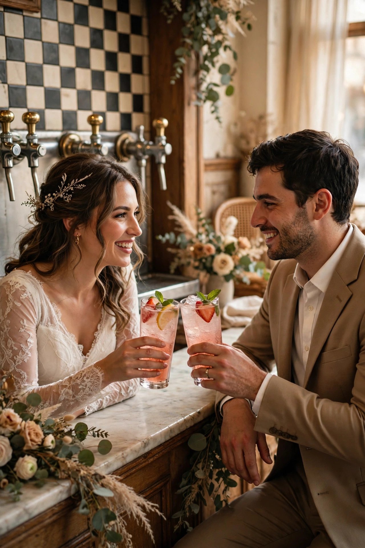 Couple clinking Italian soda glasses at a vintage-style soda fountain counter