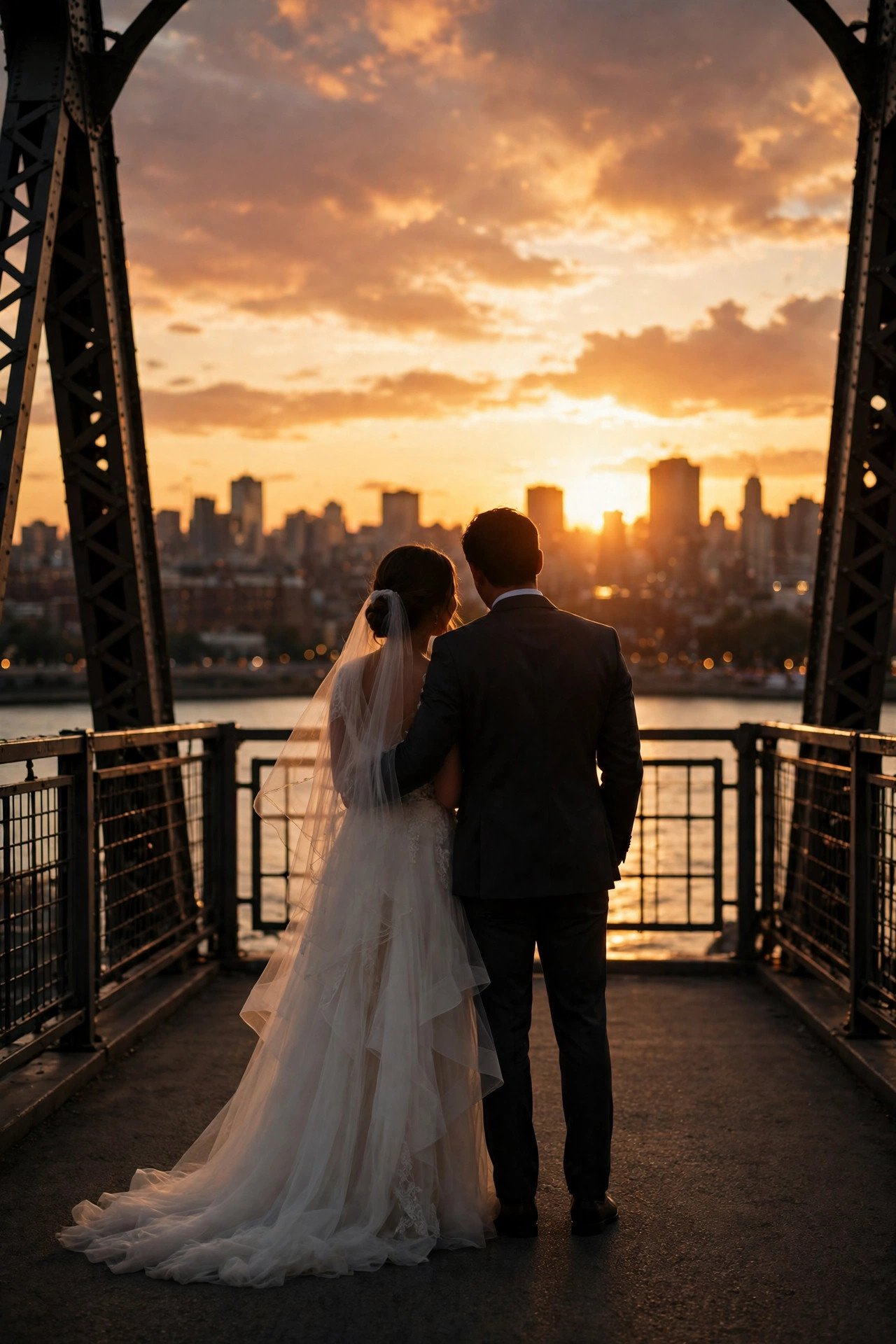 Couple silhouetted against a city sunset on a bridge after their wedding day
