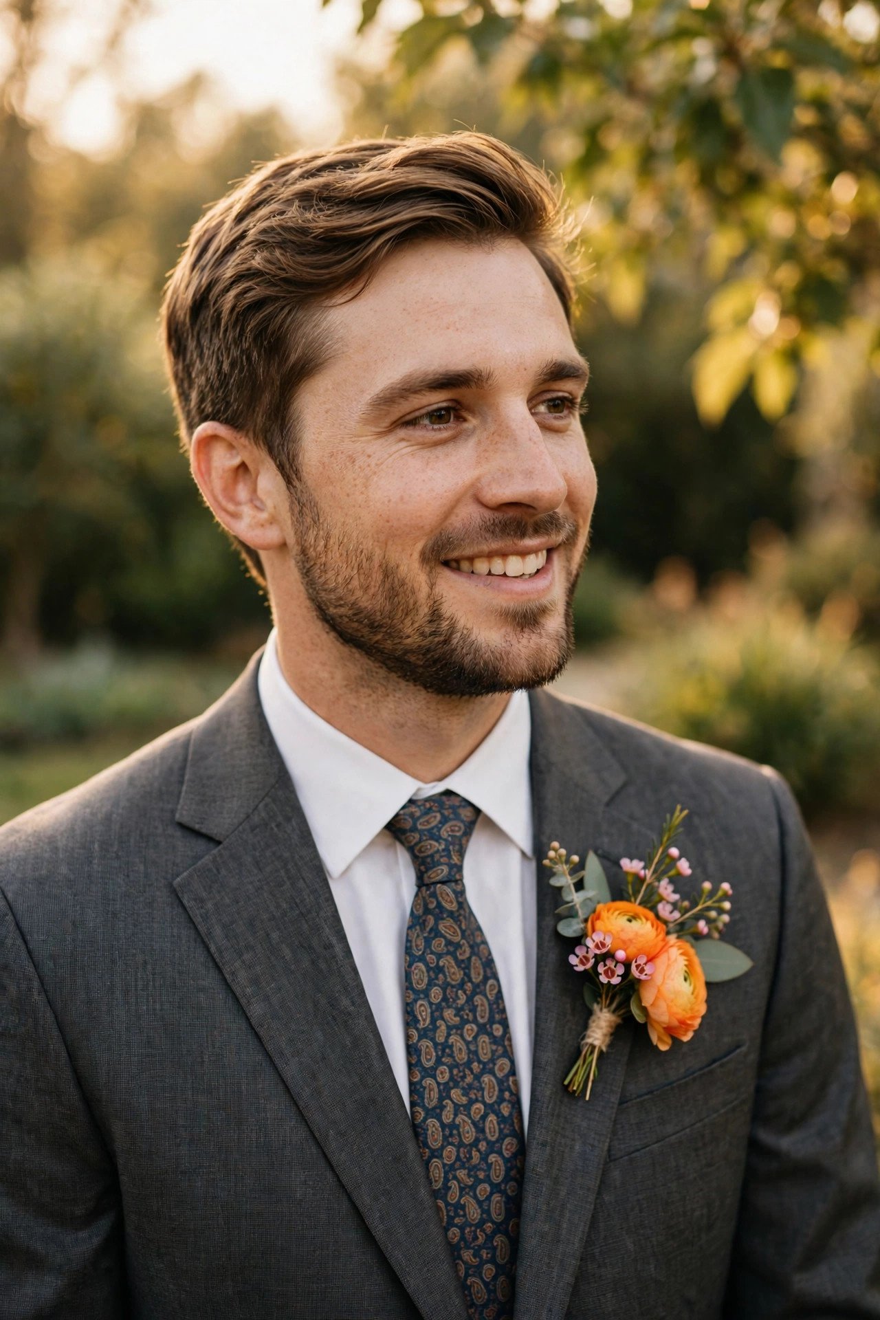 Groom in a charcoal suit with a patterned tie and bright boutonniere