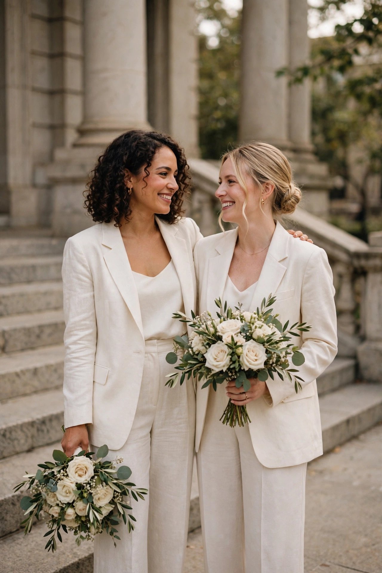 Two brides in coordinated ivory separates with matching bouquets at a courthouse
