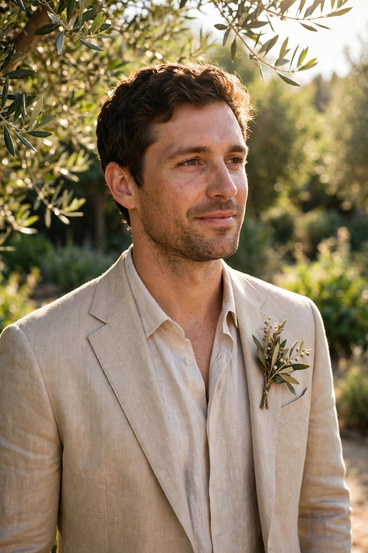 Groom in a light beige linen suit with an open-collar shirt in summer sunshine