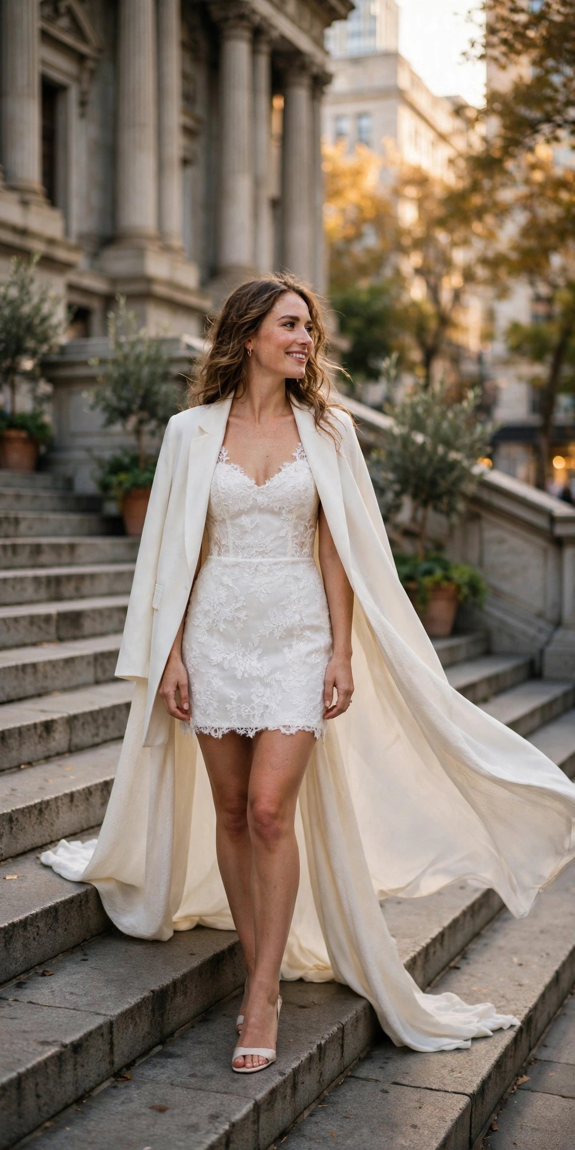 Bride in a mini white dress with a flowing cape blazer on city hall steps